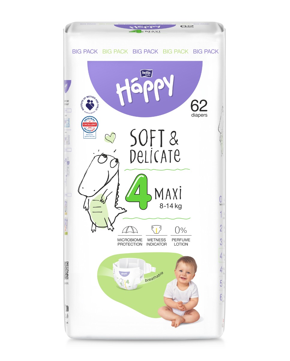 Bella Baby Happy Soft&Delicate 4 Maxi 8–14 kg dětské pleny 62 ks Bella