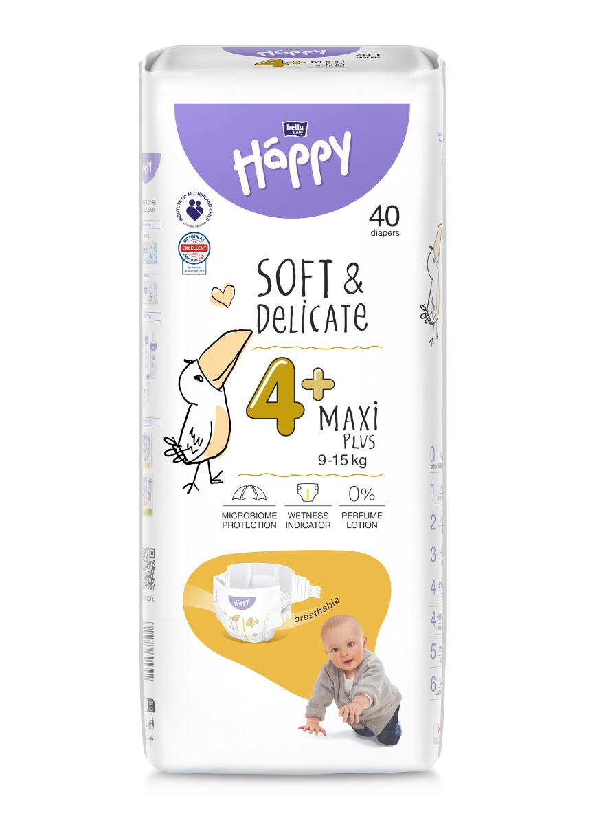 Bella Baby Happy Soft&Delicate 4+ Maxi Plus 9–15 kg dětské pleny 40 ks Bella