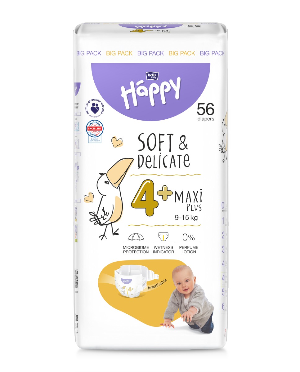 Bella Baby Happy Soft&Delicate 4+ Maxi Plus 9–15 kg dětské pleny 56 ks Bella