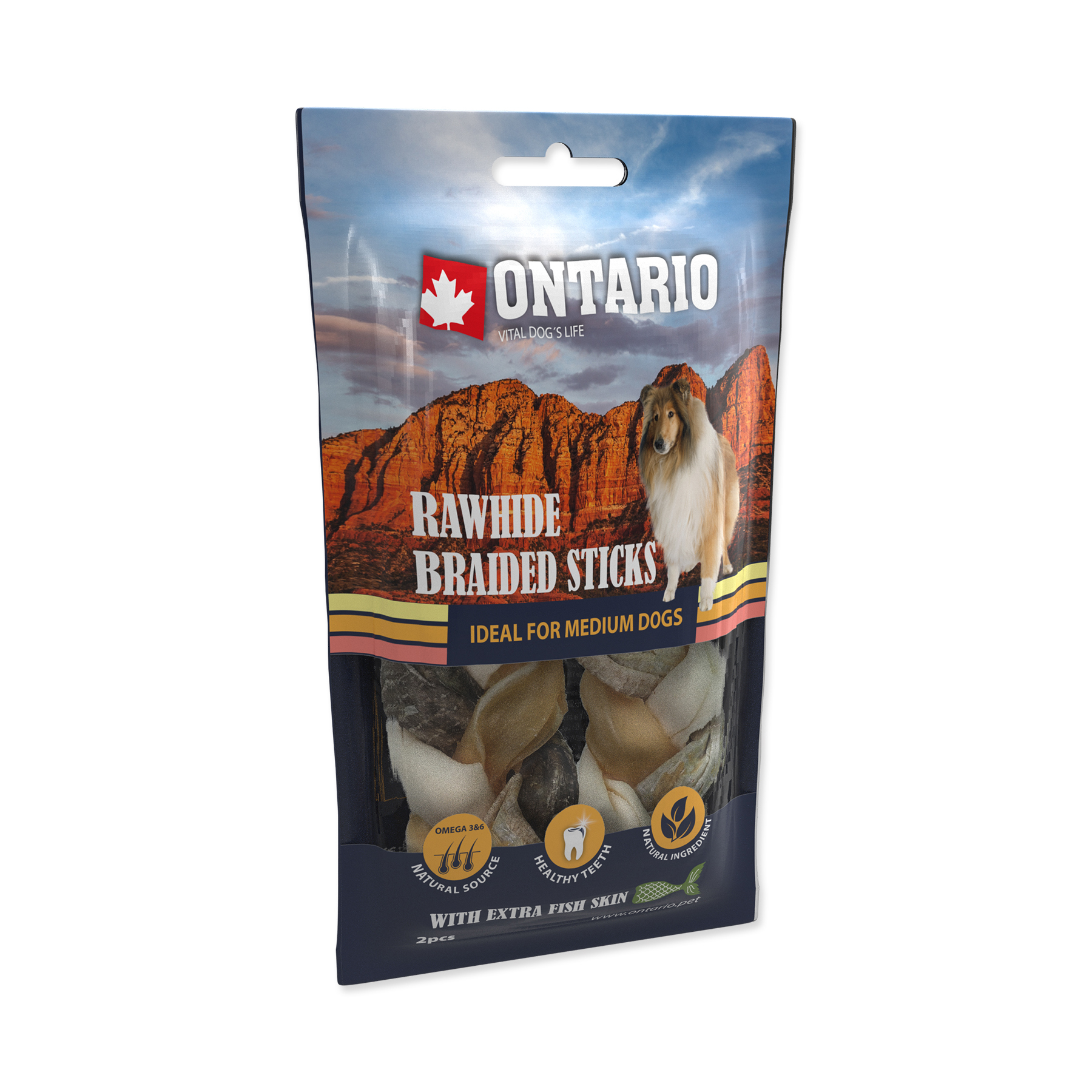 Ontario Pletené tyčinky ze surové kůže s rybou 12 cm 2 ks Ontario