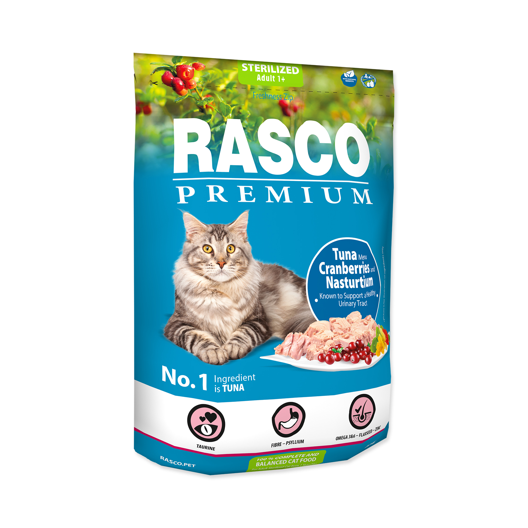 Rasco Premium Sterilized Tuňák s brusinkou a lichořeřišnicí granule 400 g Rasco Premium