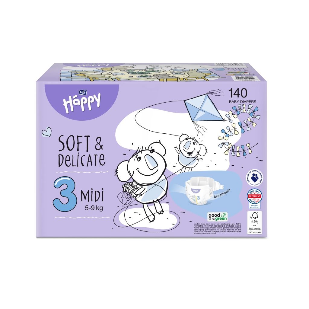 Bella Baby Happy Soft&Delicate 3 Midi 5-9 kg dětské pleny box 140 ks Bella