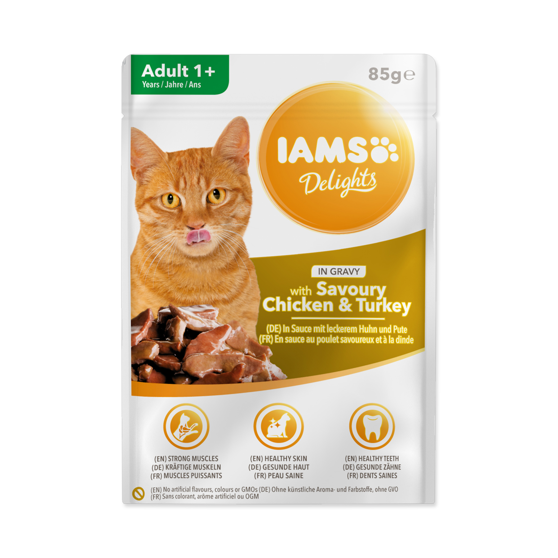 IAMS Delights Adult kuře a krůta masem v omáčce kapsička 85 g IAMS