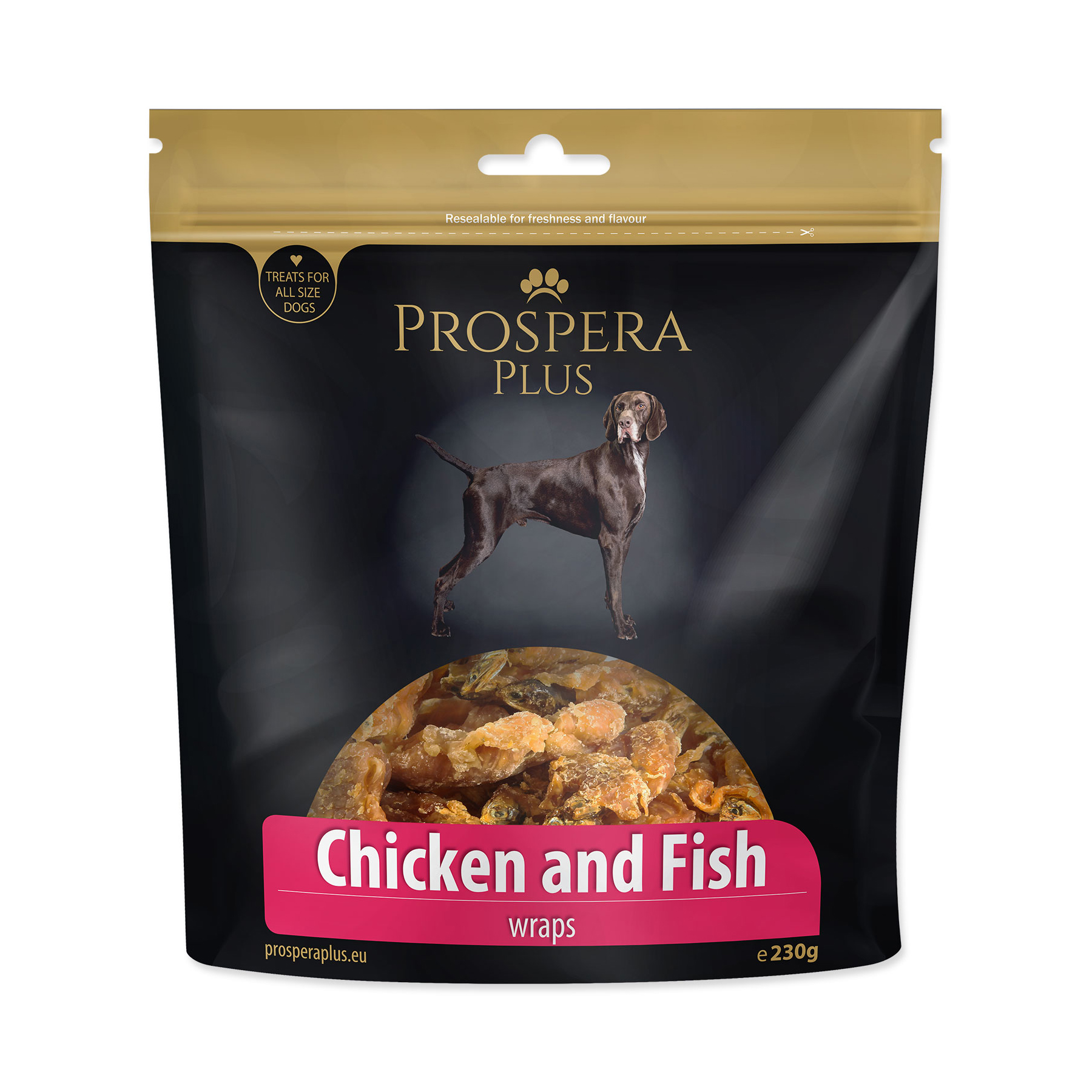 PROSPERA Plus Pochoutka kuřetem obalené rybičky 230 g PROSPERA Plus