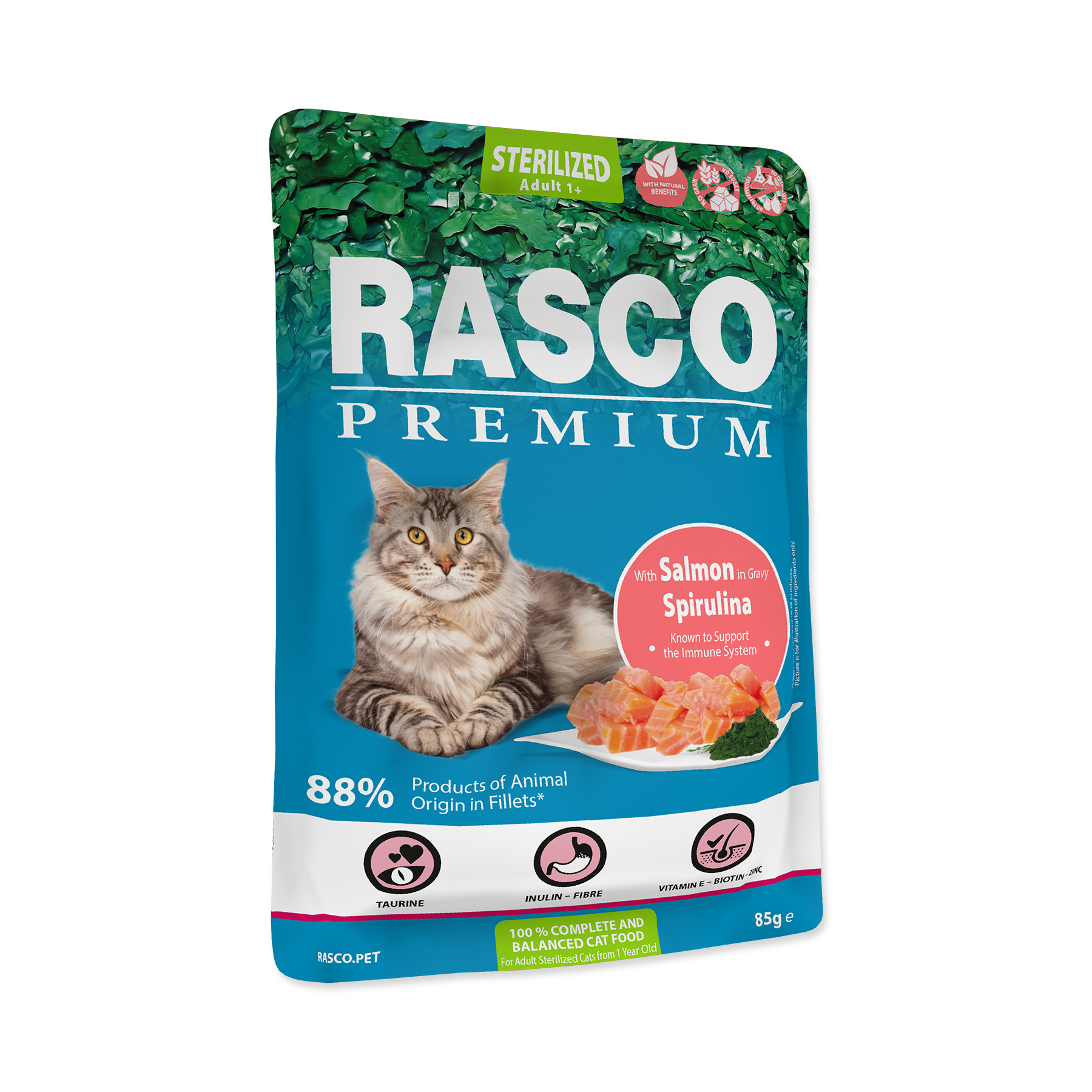 Rasco Premium Sterilized losos se spirulinou kapsička 85 g Rasco Premium