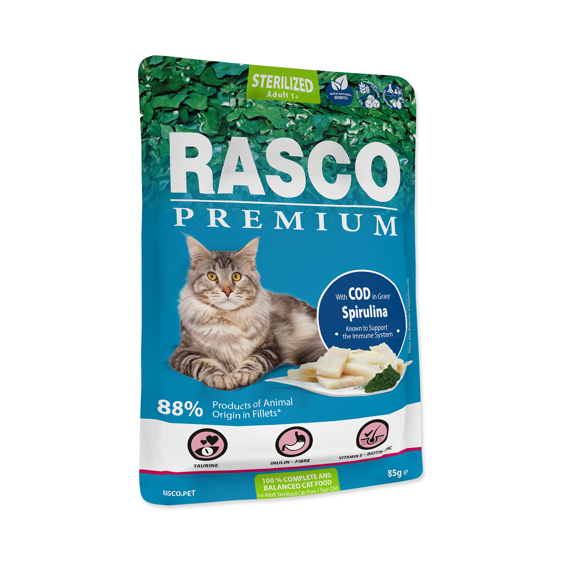 Rasco Premium Sterilized treska se spirulinou kapsička 85 g Rasco Premium