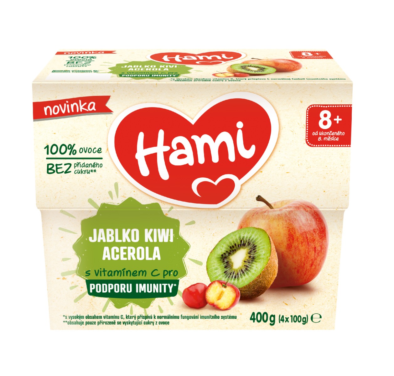 Hami 100% ovoce Jablko kiwi a acerola 8m+ 4x100 g Hami