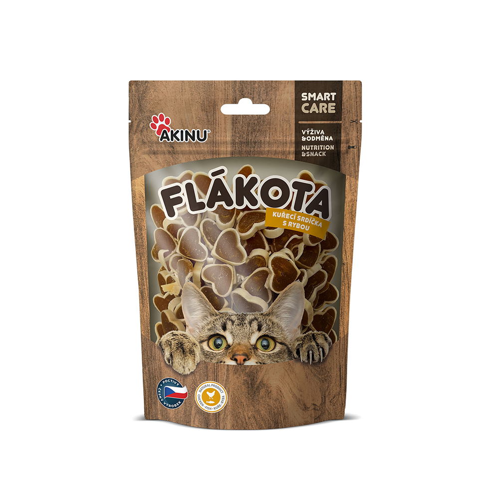 Akinu FLÁKOTA kuřecí srdíčka s rybou pamlsek pro kočky 70 g Akinu