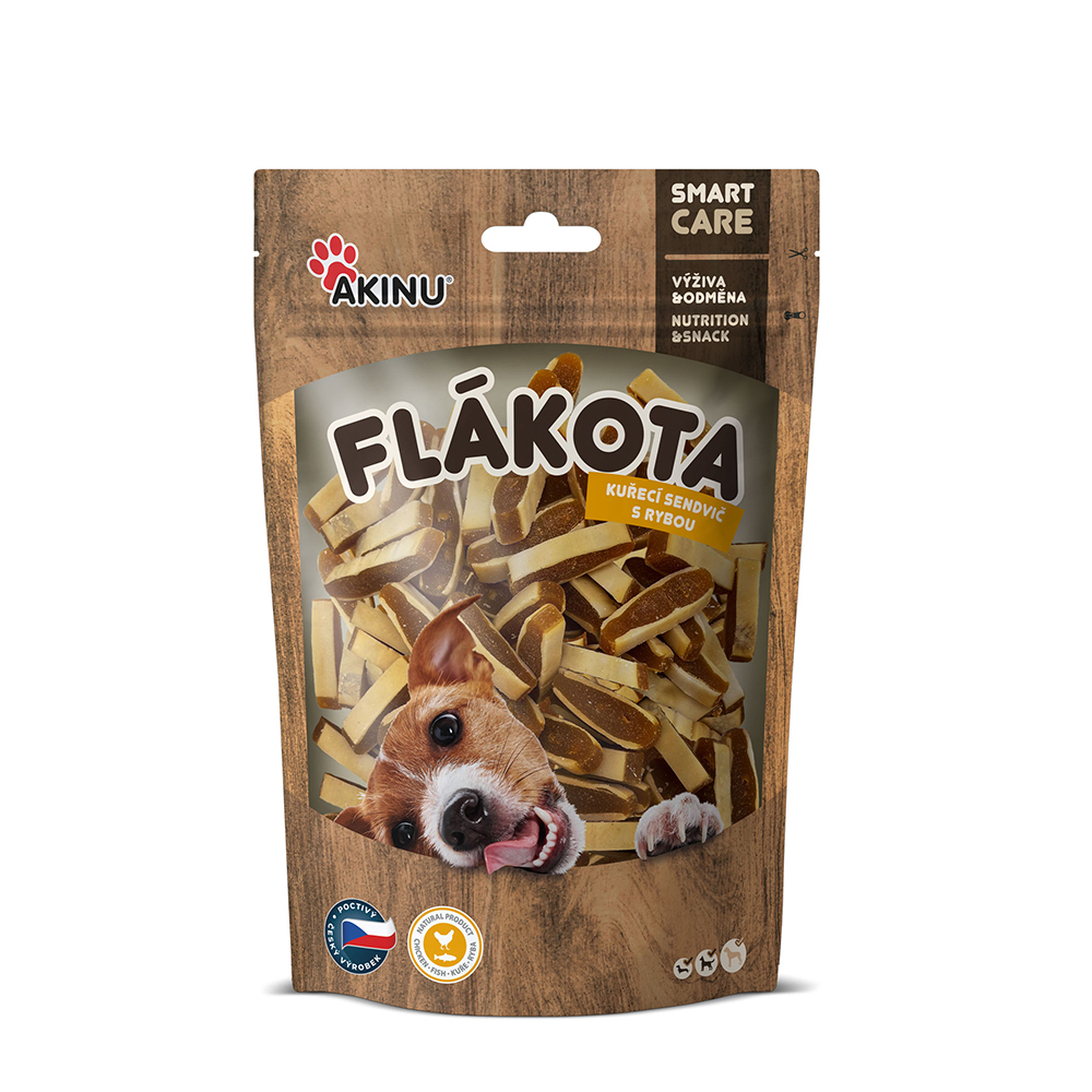 Akinu Flákota kuřecí sendvič s rybou pamlsek pro psy 100 g Akinu