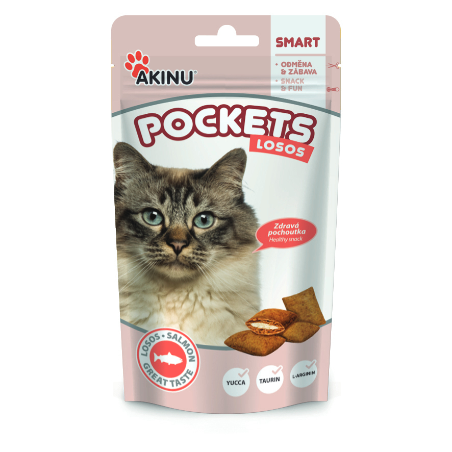 Akinu POCKETS losos polštářky pamlsek pro kočky 40 g Akinu