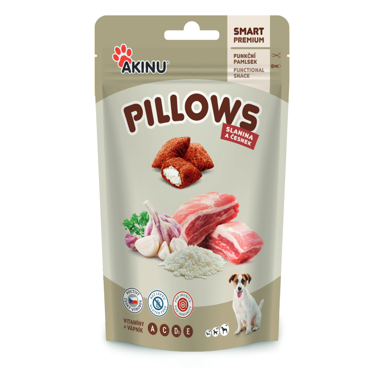 Akinu Pillows polštářky se slaninou a česnekem pamlsek pro psy 80 g Akinu