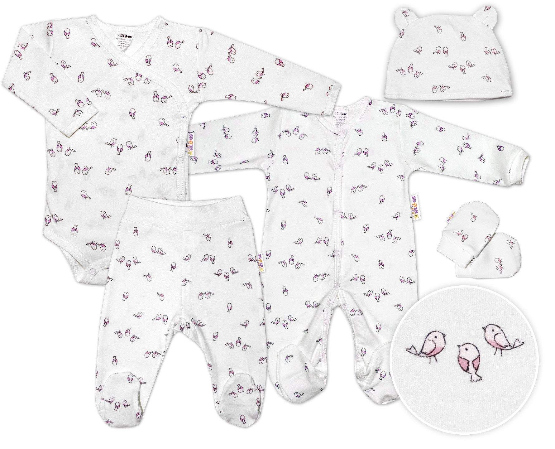 Baby Nellys 5-dílná soupravička do porodnice Ptáčci - ecru/růžová vel.  68 Baby Nellys