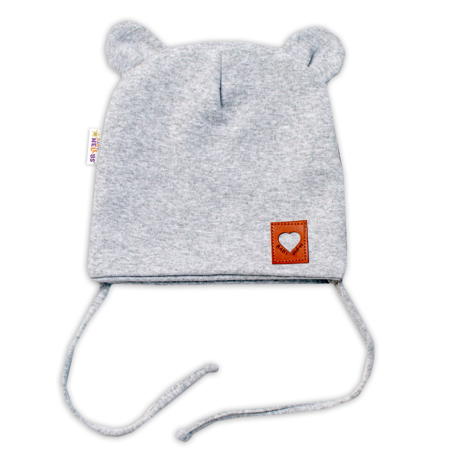 Baby Nellys Bavlněná dvouvrstvá čepice s oušky na zavazování TEDDY - šedý melírek