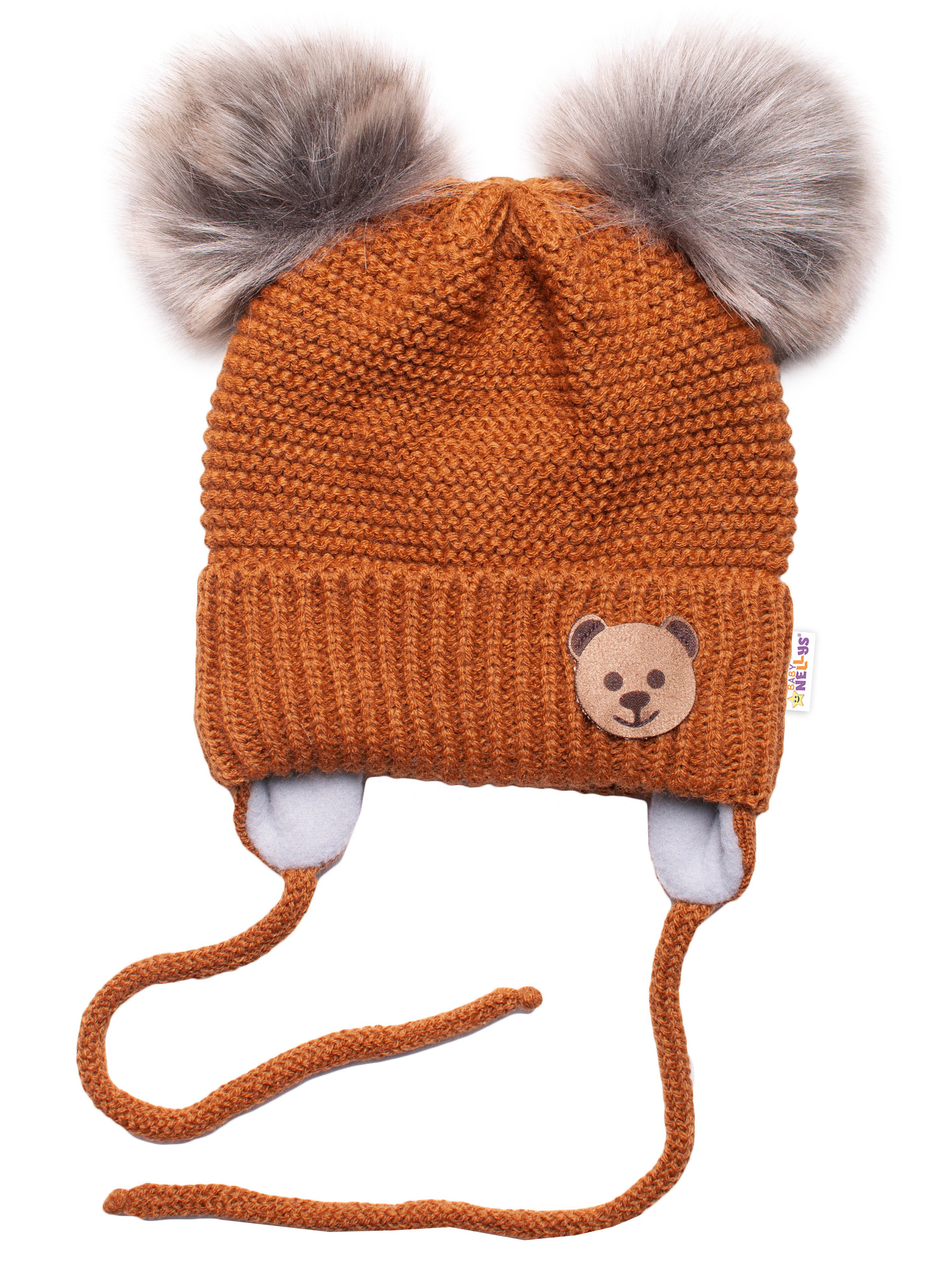 Baby Nellys Dětská zimní čepice s fleecem Teddy Bear - chlupáčk. bambulky - hnědá