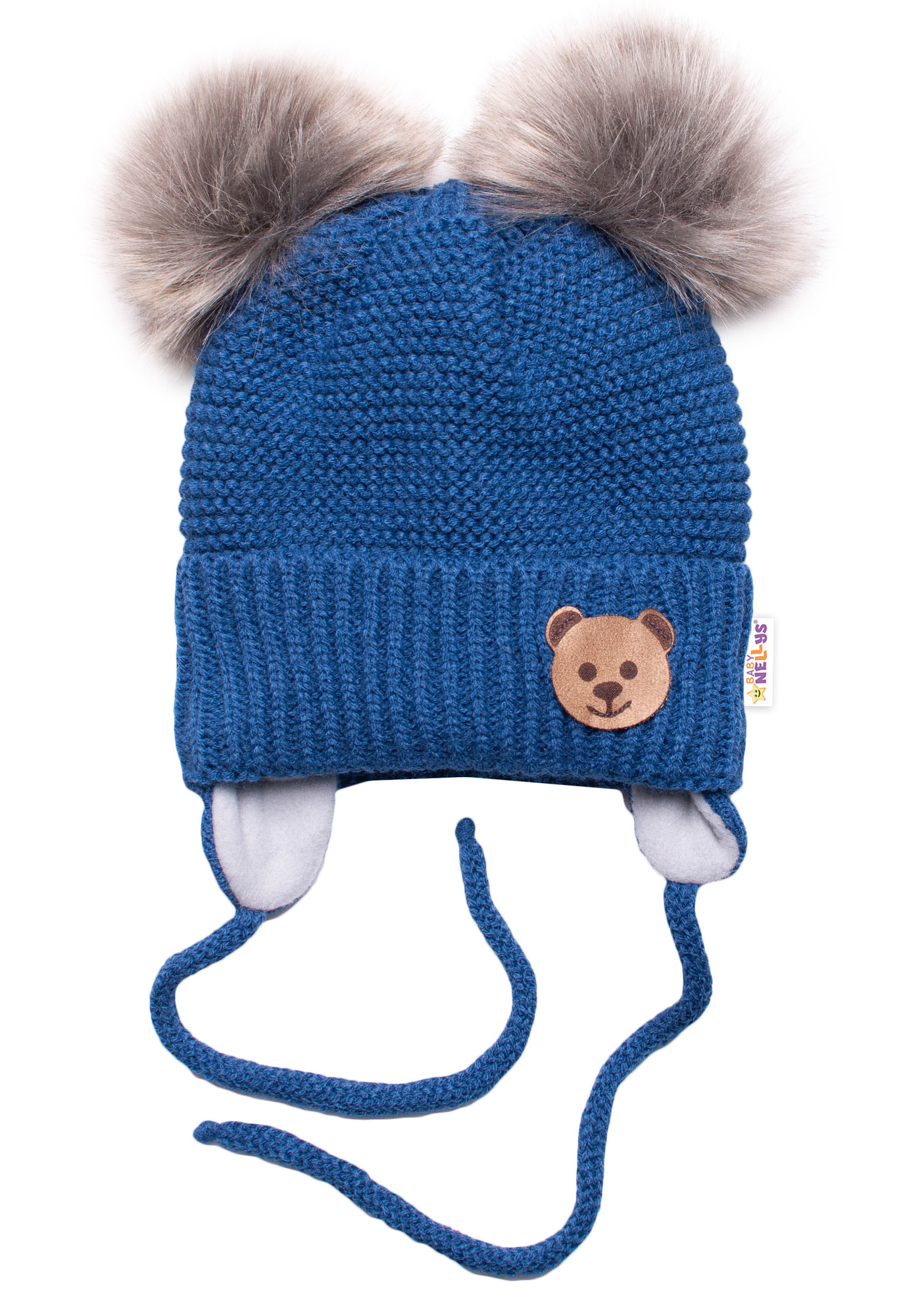 Baby Nellys Dětská zimní čepice s fleecem Teddy Bear- chlupáčk. bambulky - tm. modrá