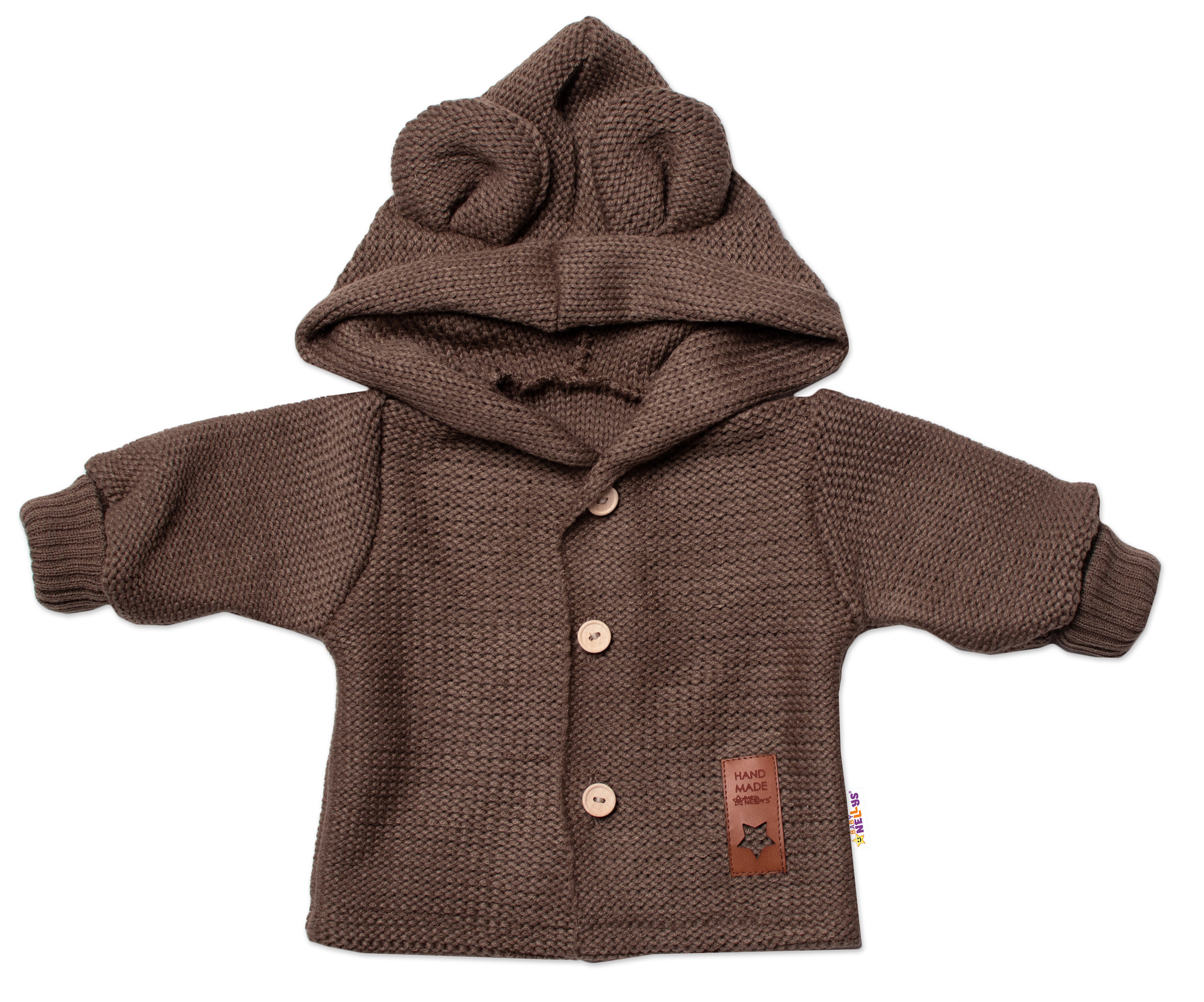 Baby Nellys Dětský elegantní pletený svetřík s knoflíčky a kapucí s oušky