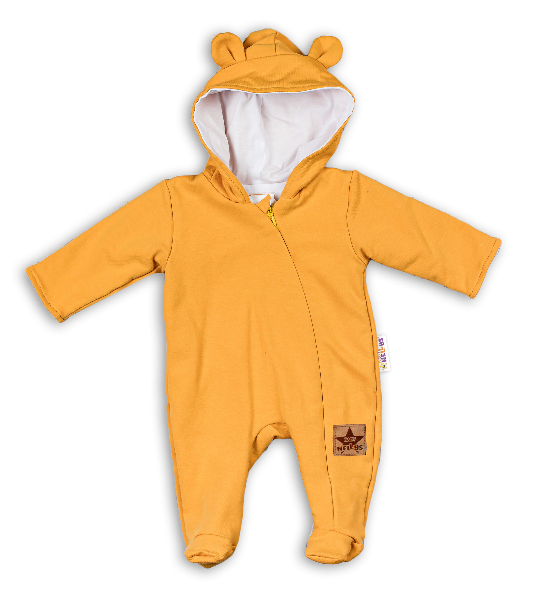 Baby Nellys Kojenecký teplákový overal s kapucí Teddy - hořčicový