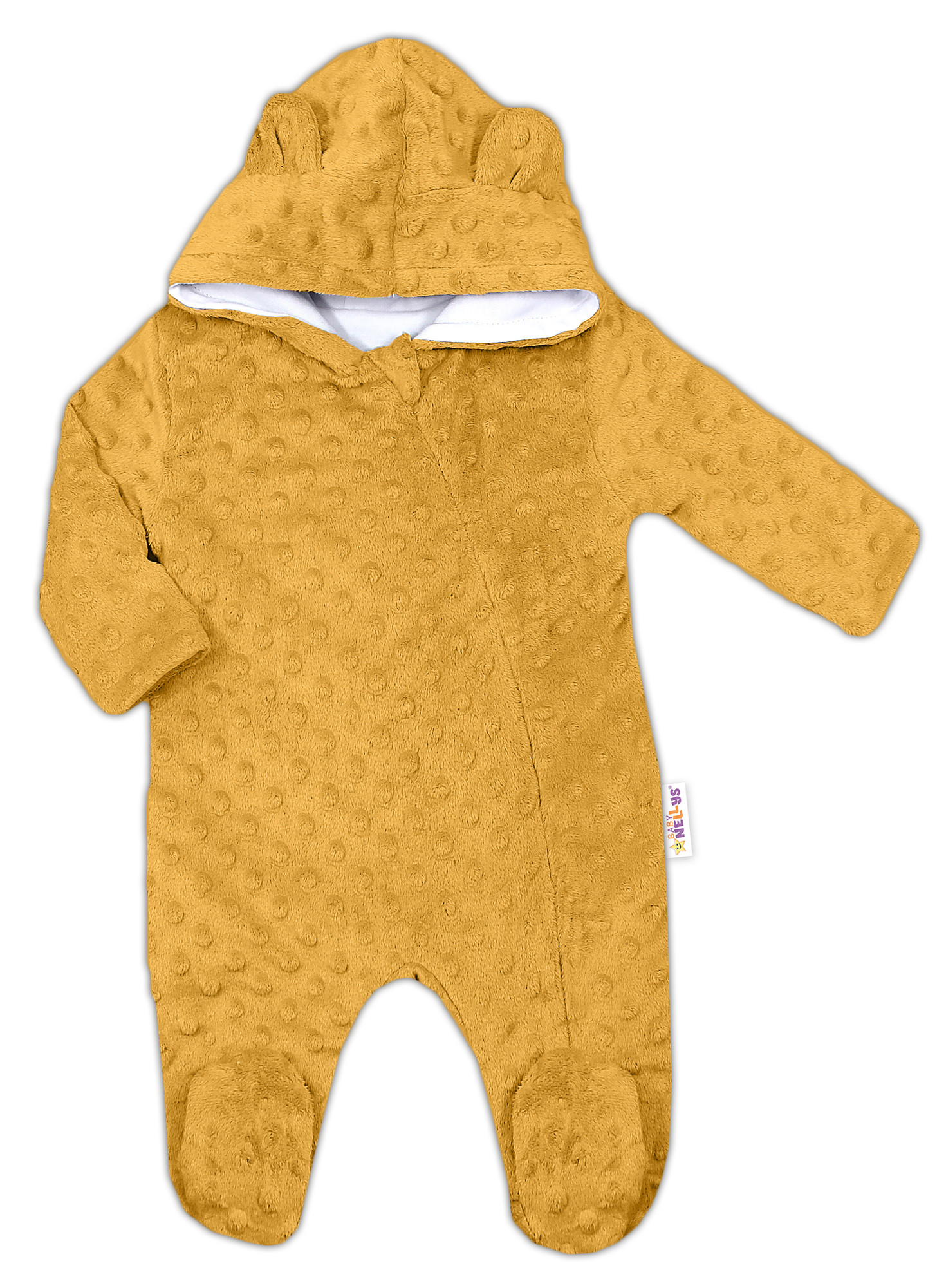 Baby Nellys Kombinézka/overálek MINKY s kapucí a oušky - hořčice vel.  80 Baby Nellys