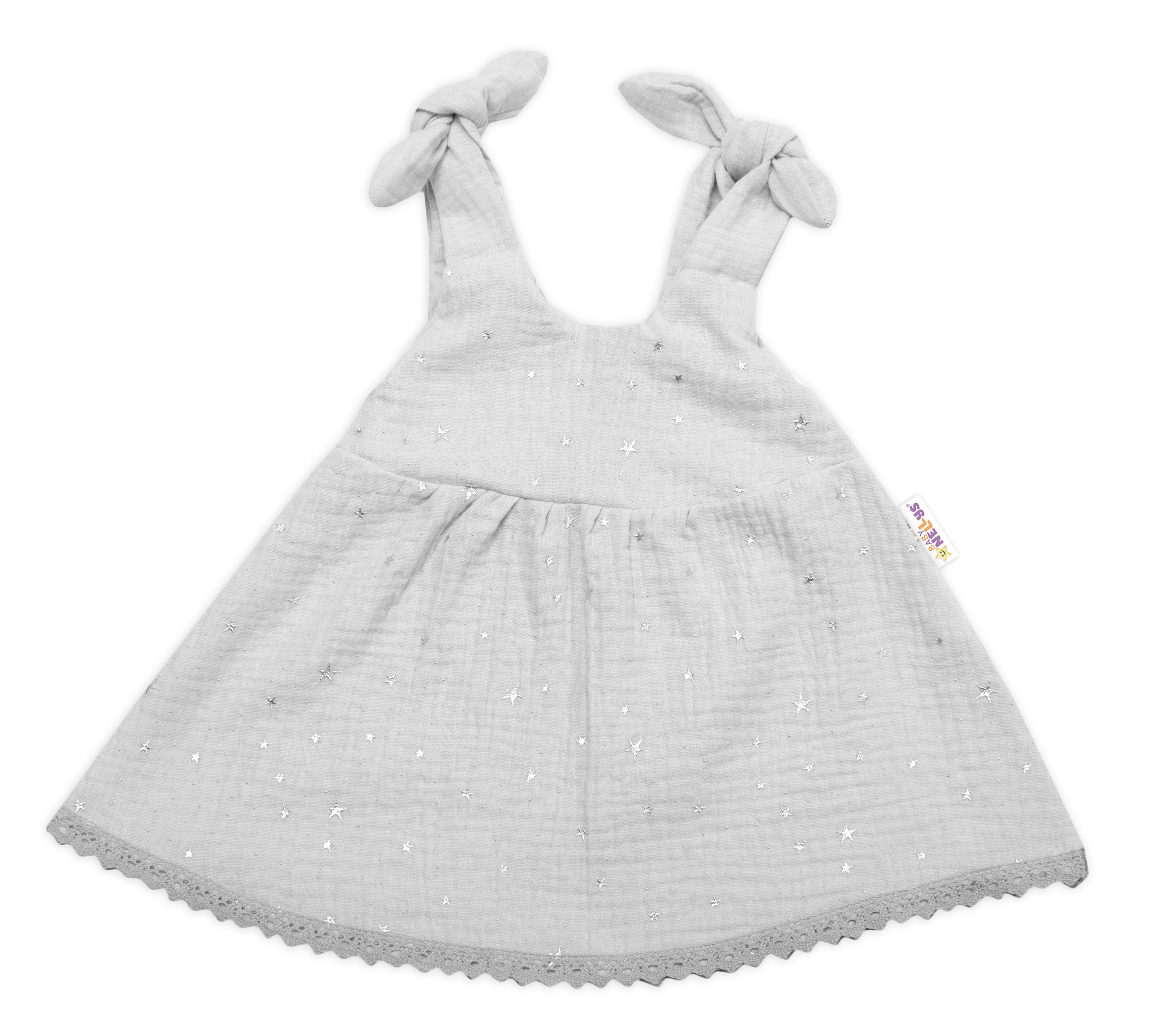 Baby Nellys Letní lehoučké mušelínové šaty Summer Stars - šedé Baby Nellys