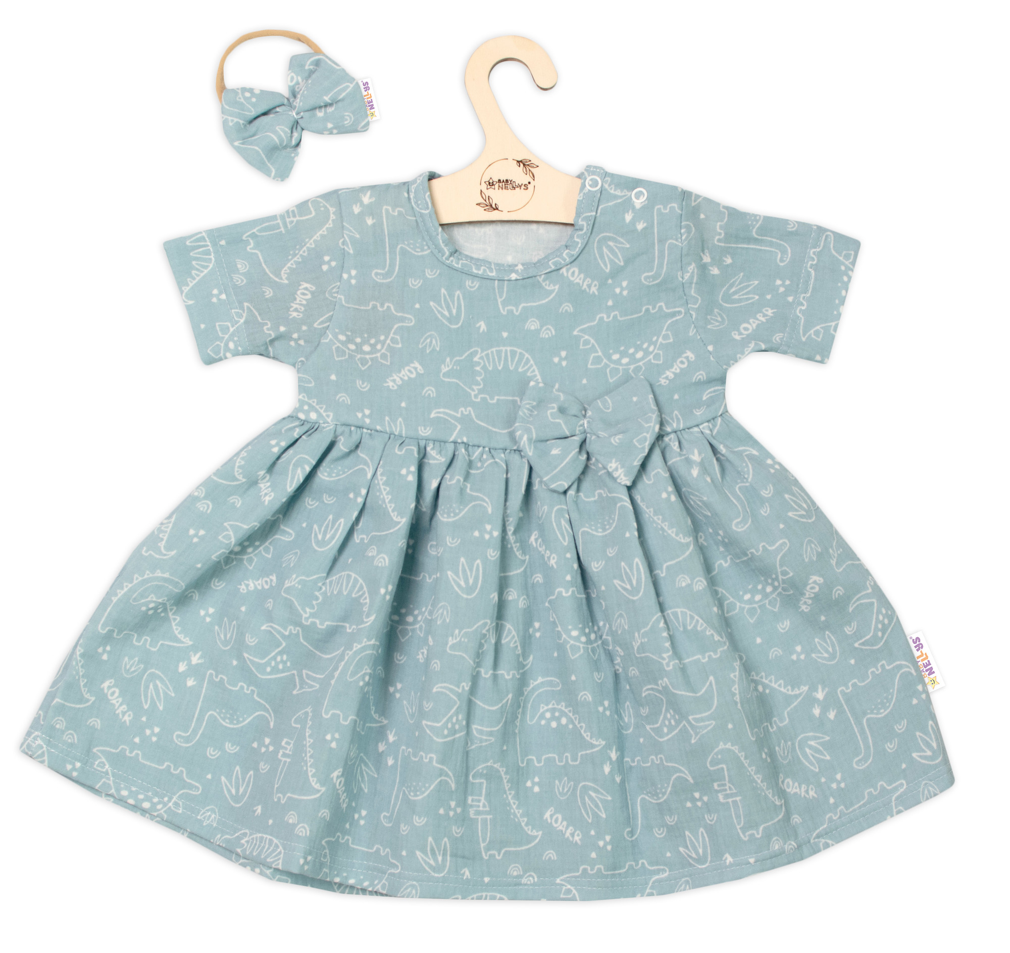 Baby Nellys Mušelínové šatičky + čelenka 2-dílná sada Dino