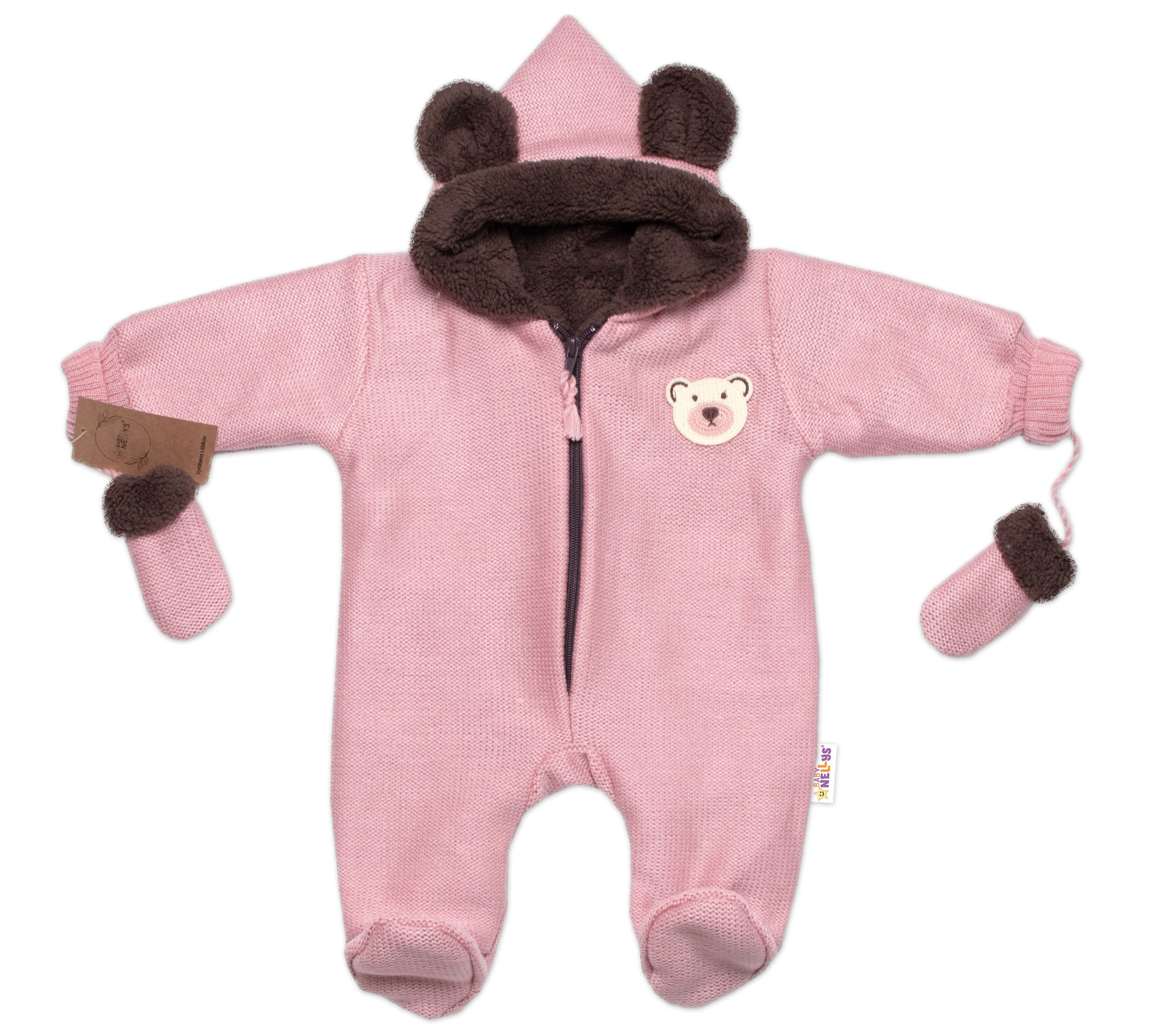 Baby Nellys Oteplená pletená kombinéza s rukavičkama Teddy Bear