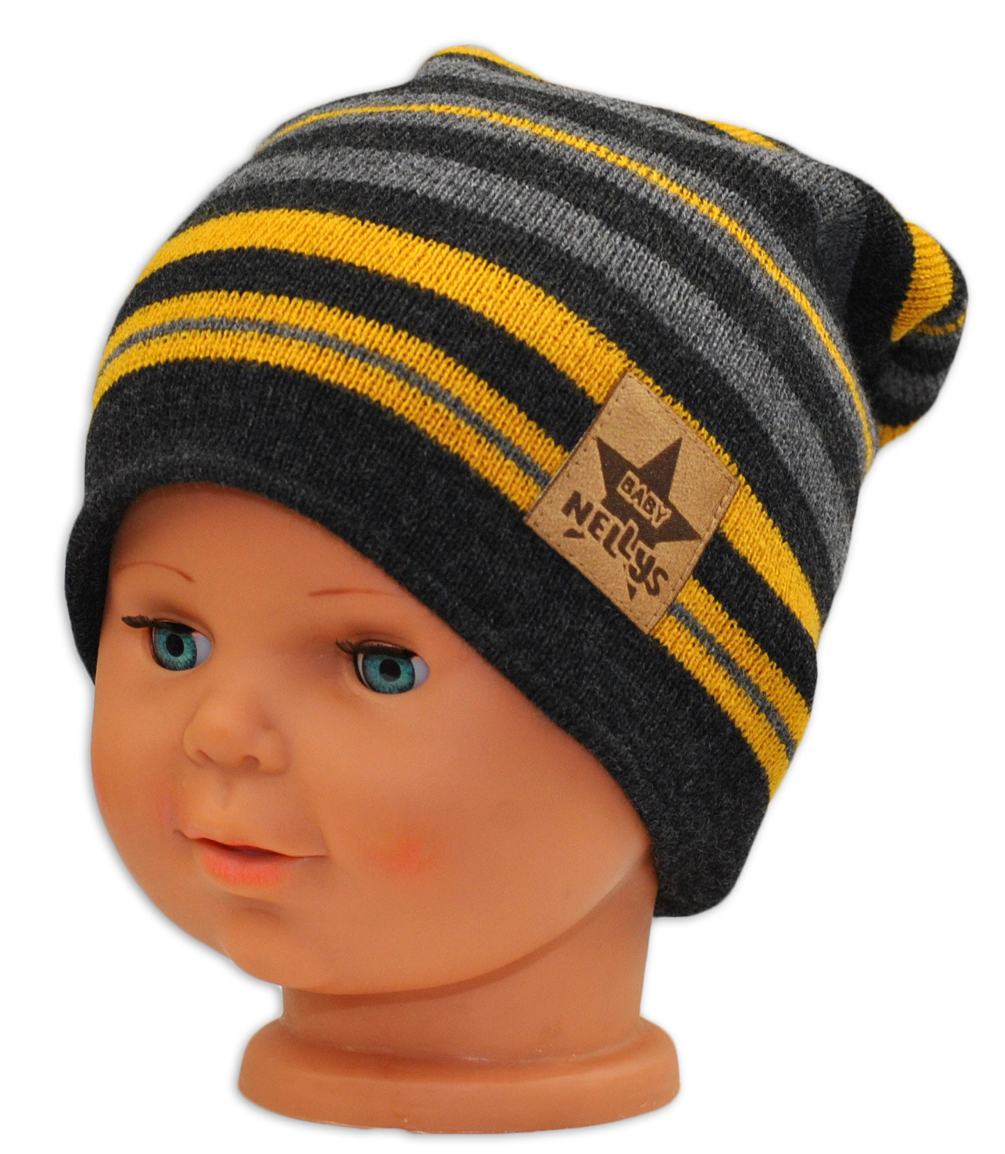Baby Nellys Podzimní/zimní proužkovaná čepice - grafit/šedá/žlutá Baby Nellys