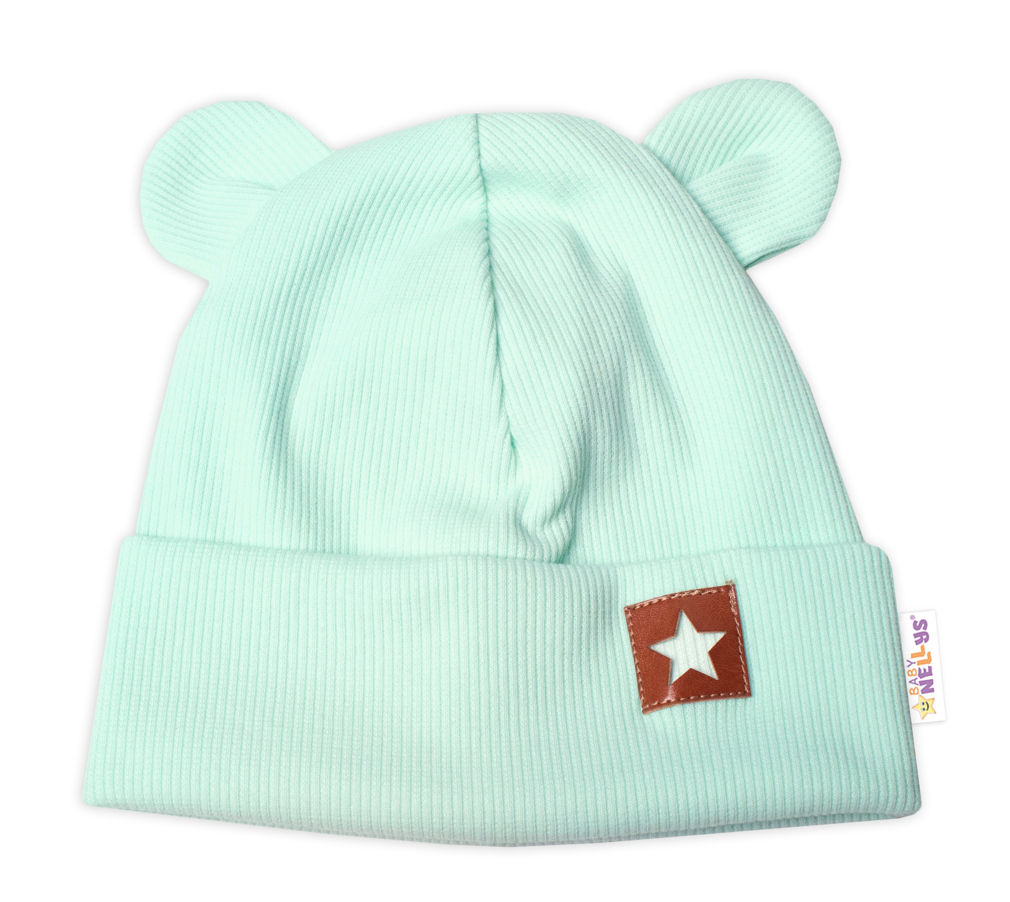 Baby Nellys Žebrovaná dvouvrstvá čepice s oušky TEDDY - mátová vel.  80/86 Baby Nellys