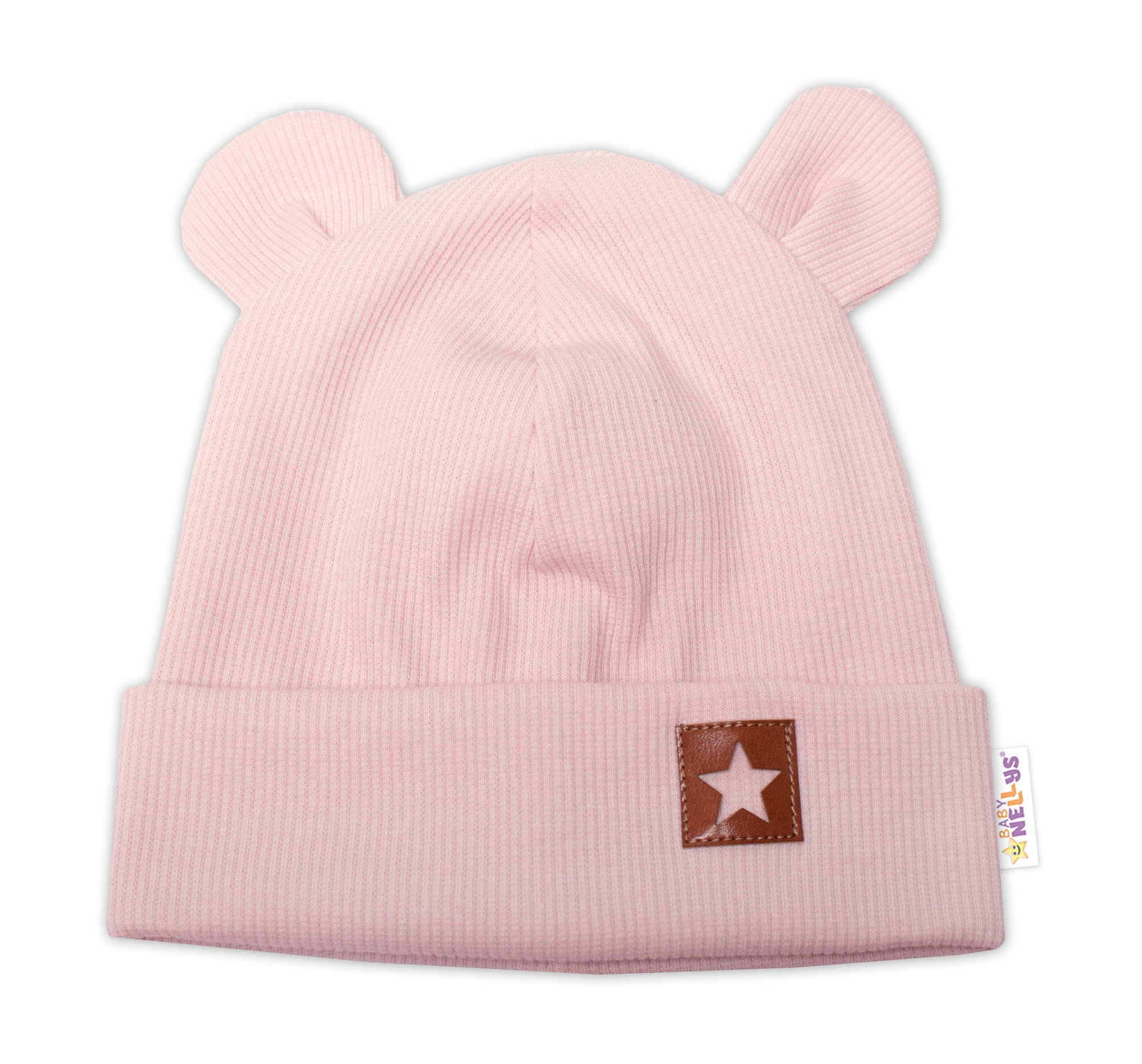 Baby Nellys Žebrovaná dvouvrstvá čepice s oušky TEDDY - pudrová vel.  68/74 Baby Nellys