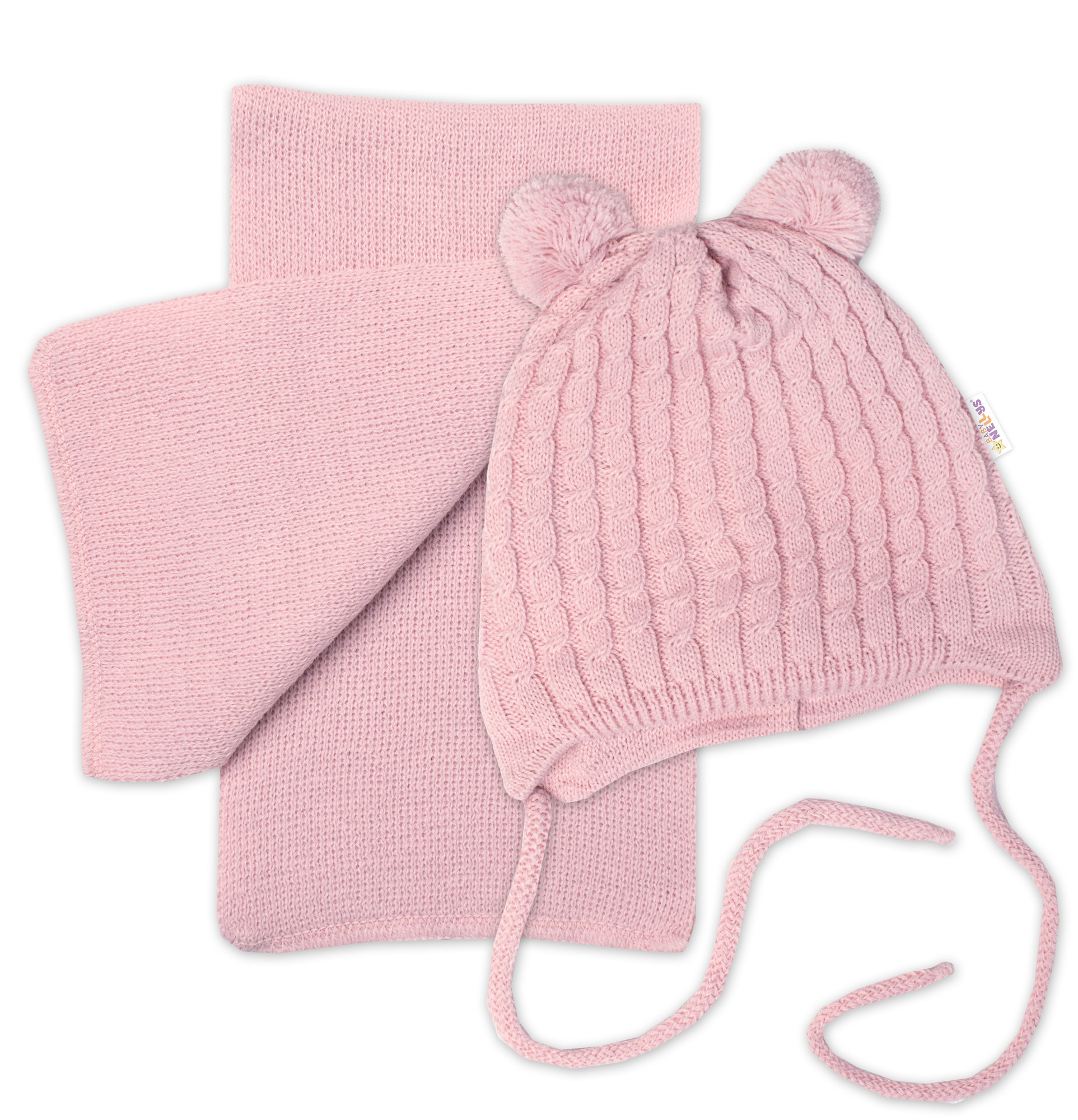 Baby Nellys Zimní čepice na zavazování s bambulky + šál