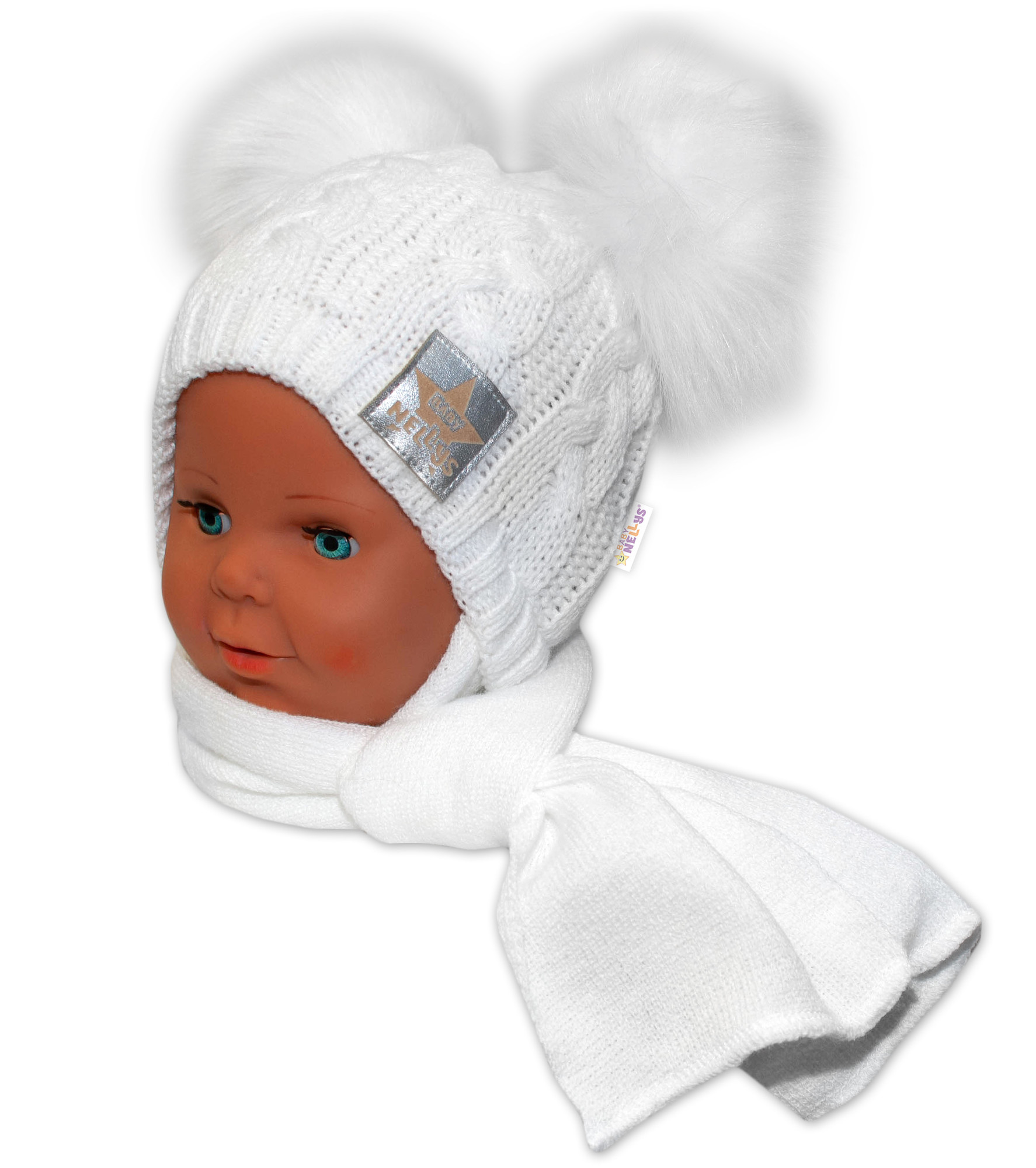 Baby Nellys Zimní čepička s šálou - chlupáčkové bambulky - bílá