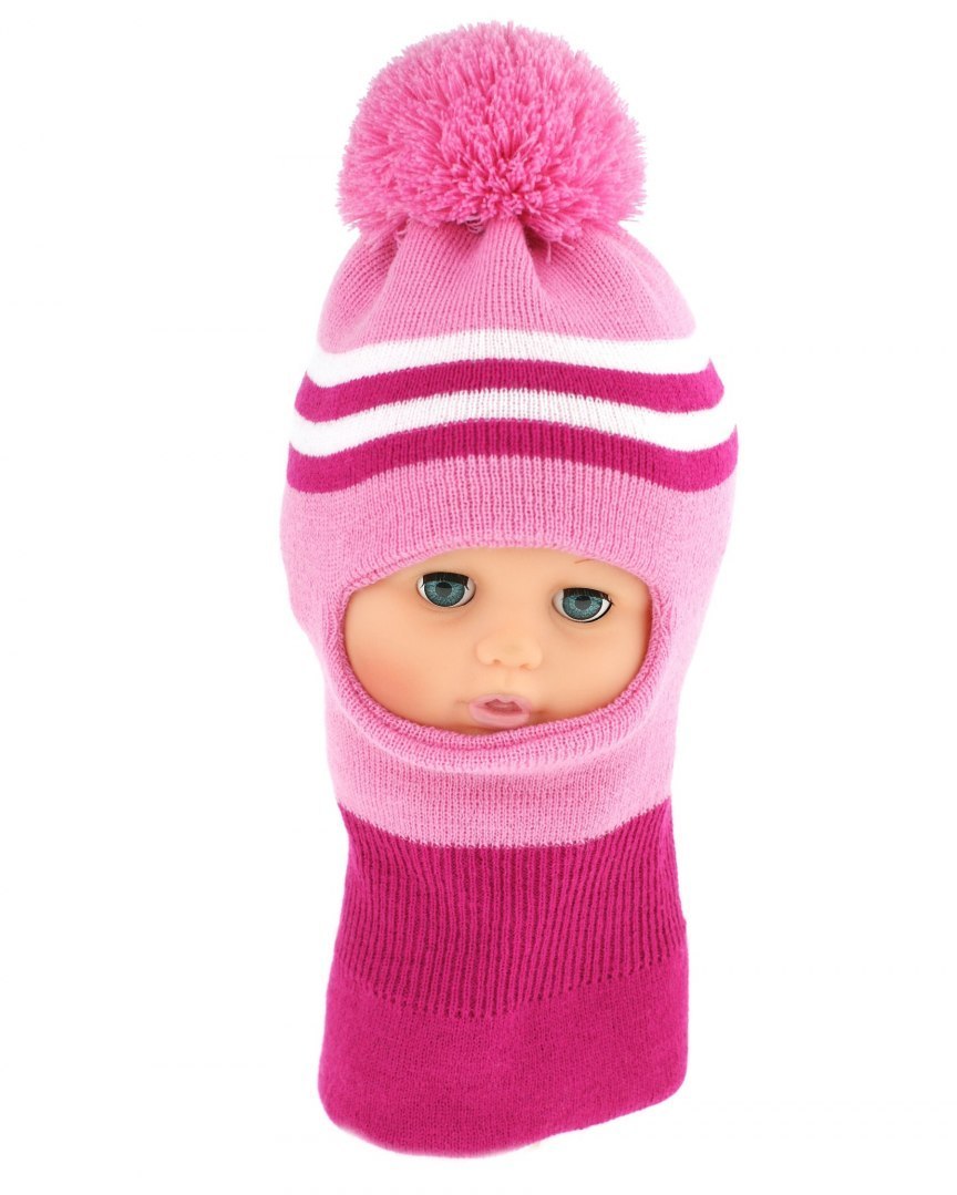 Baby Nellys Zimní čepička/kukla s bambuli - růžová s proužky Baby Nellys