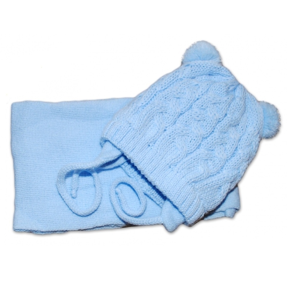 Baby Nellys Zimní kojenecká čepička s šálou 2D. TEDDY - modrá s bambulkami Baby Nellys