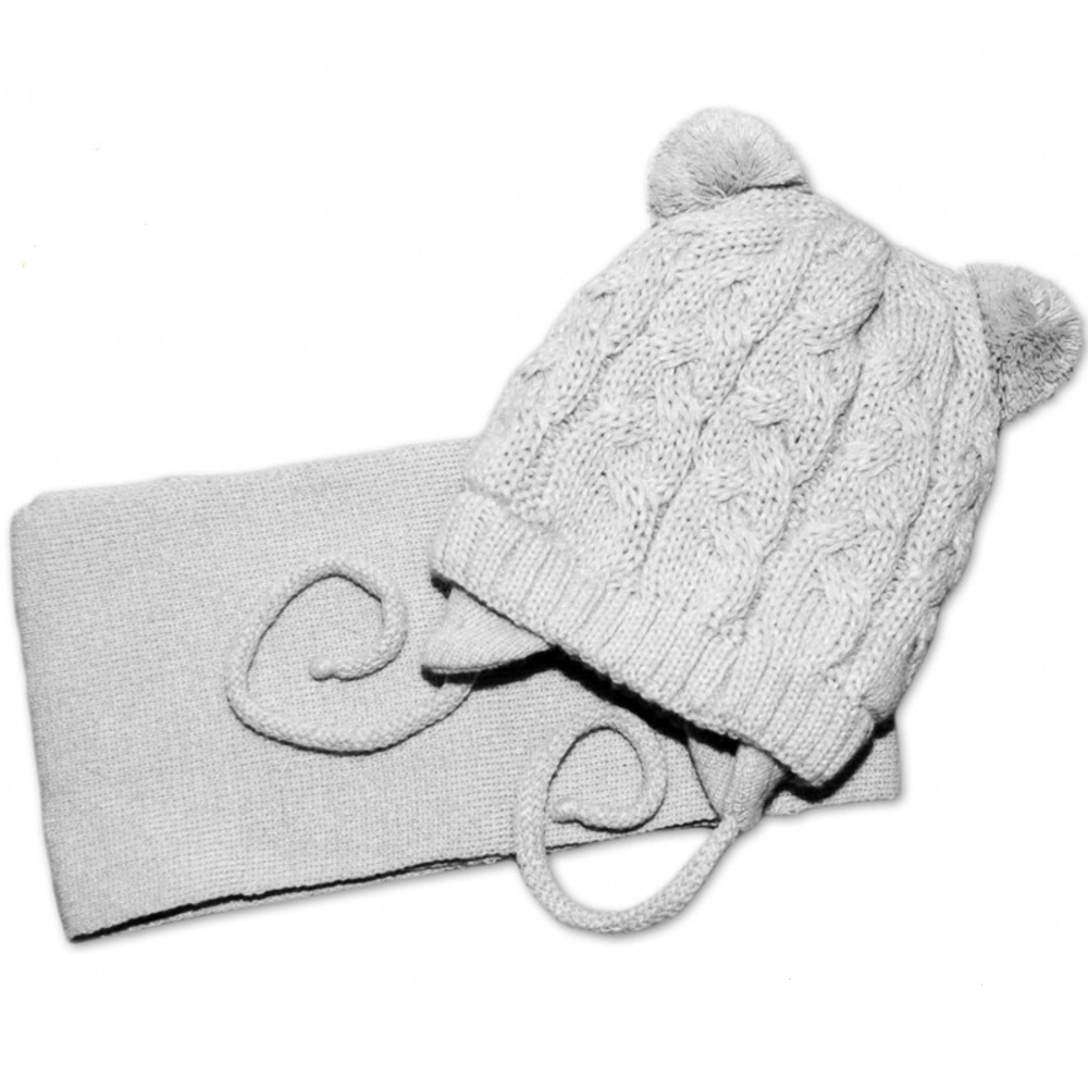 Baby Nellys Zimní kojenecká čepička s šálou 2D. TEDDY - šedá s bambulkami Baby Nellys