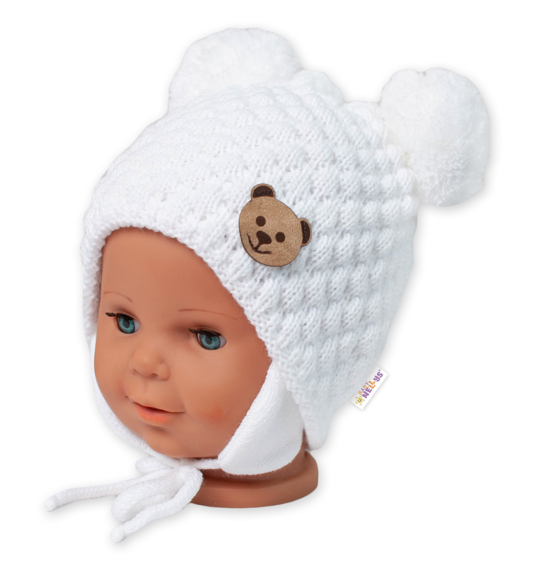 Baby Nellys Zimní pletená čepice Teddy Bear na zavazování