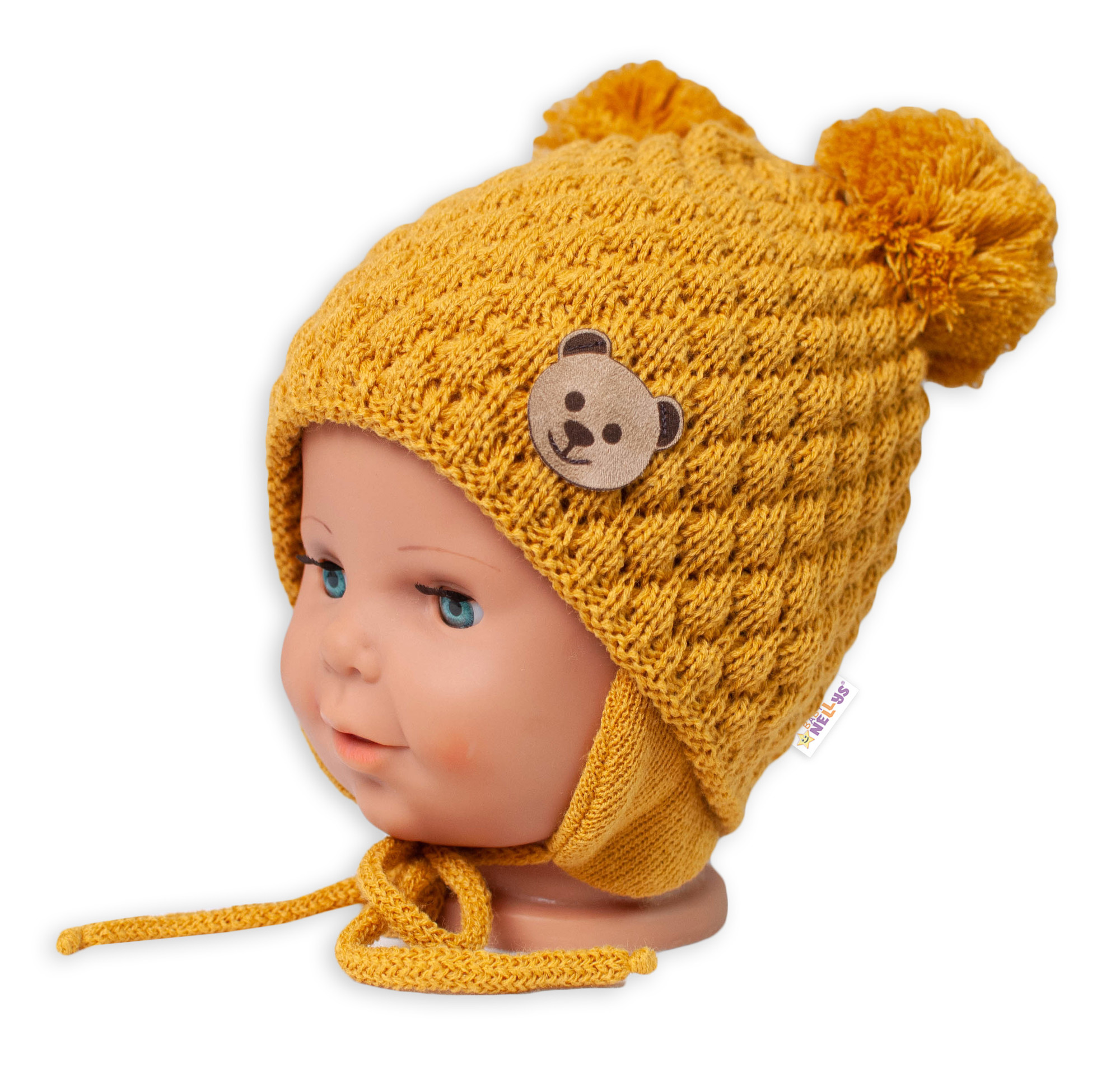 Baby Nellys Zimní pletená čepice Teddy Bear na zavazování