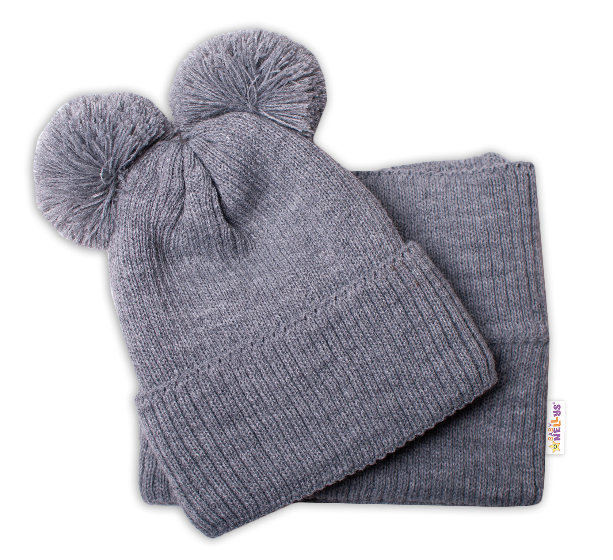 Baby Nellys Zimní pletená čepice + nákrčník - šedá s bambulkami Baby Nellys