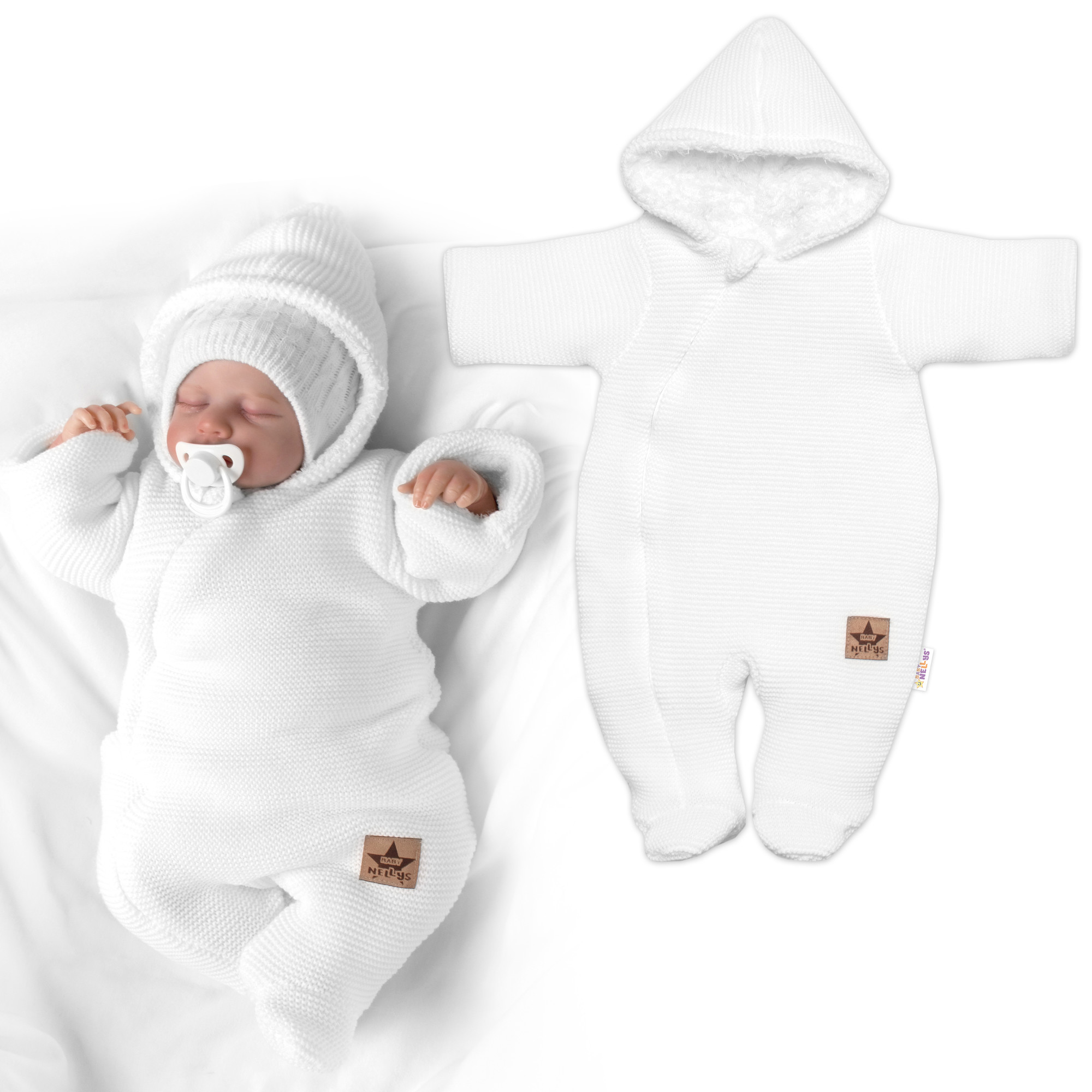 Baby Nellys Zimní pletená kombinézka/overálek s kapucí bílá Baby Nellys