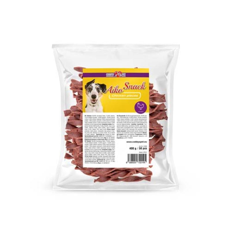 Cobbyspet AIKO SNACK Chicken pieces 400g (+/- 50ks) měkké kuřecí točené tyčinky Cobbys Pet