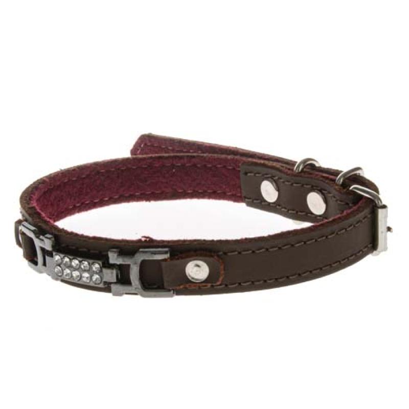 Cobbyspet Obojek z pravé olejové kůže hnědý zdobený šperkem s krystaly 15mm/50cm Cobbys Pet