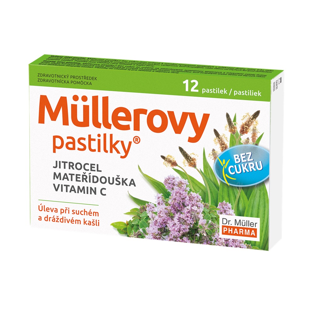 Dr. Müller Müllerovy pastilky s jitrocelem a mateřídouškou bez cukru 12 pastilek Dr. Müller