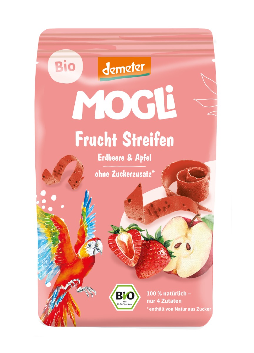 MOGLi BIO Ovocné pásky s chia semínky a psylliem jahoda a jablko 25 g MOGLi