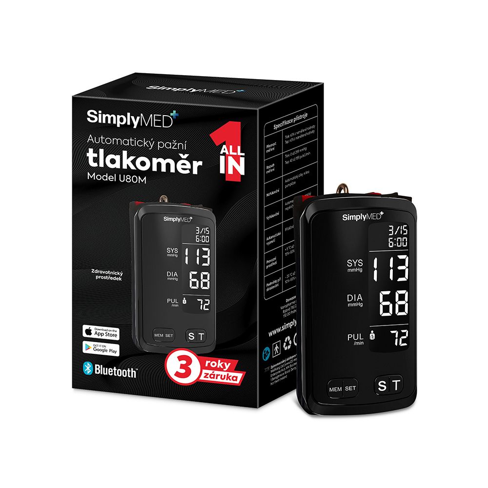 SimplyMed Automatický pažní digitální tlakoměr U80M s Bluetooth 1 ks SimplyMed