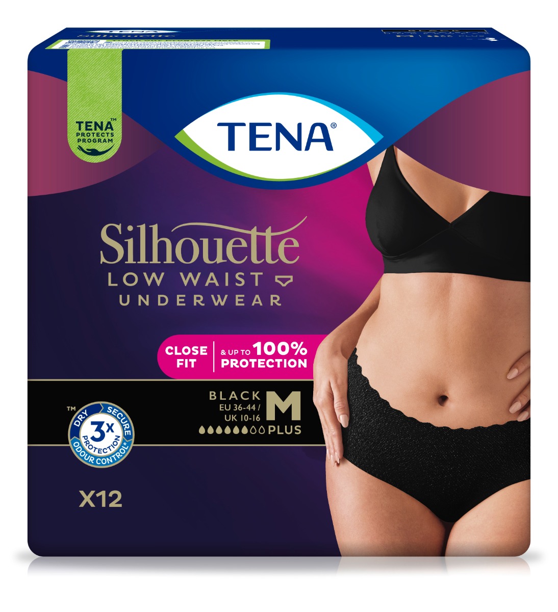Tena Silhouette Low Waist Black Plus M inkontinenční kalhotky 12 ks Tena