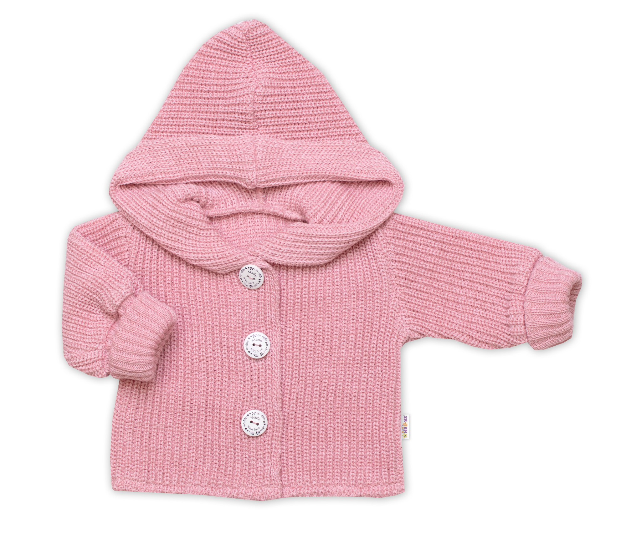 Baby Nellys Pletený svetřík s kapucí a knoflíčky Made with Love