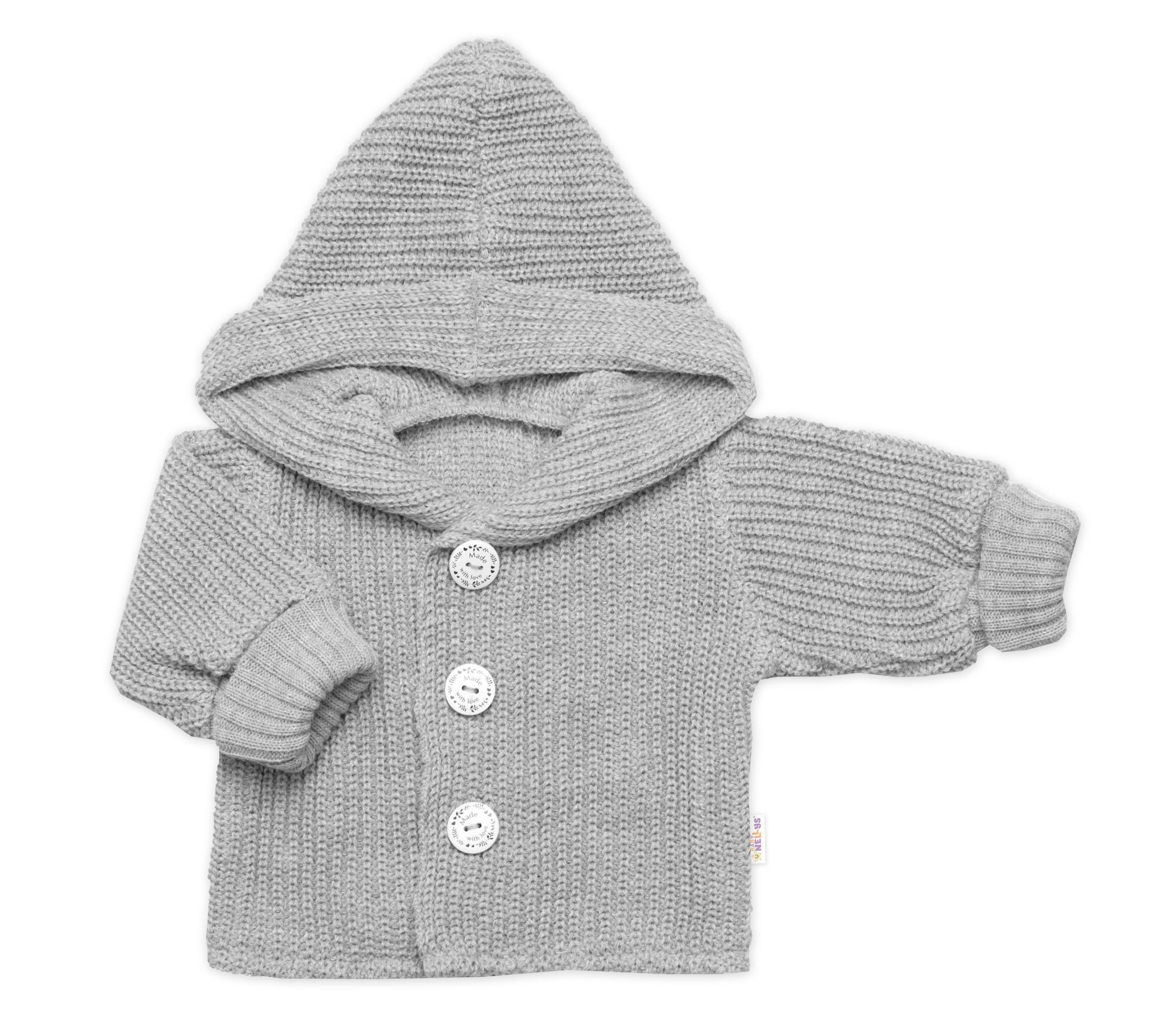 Baby Nellys Pletený svetřík s kapucí a knoflíčky Made with Love