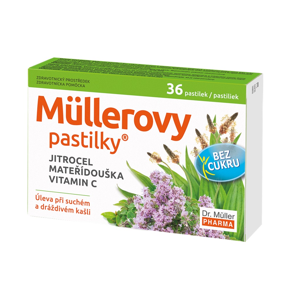 Dr. Müller Müllerovy pastilky s jitrocelem a mateřídouškou bez cukru 36 pastilek Dr. Müller