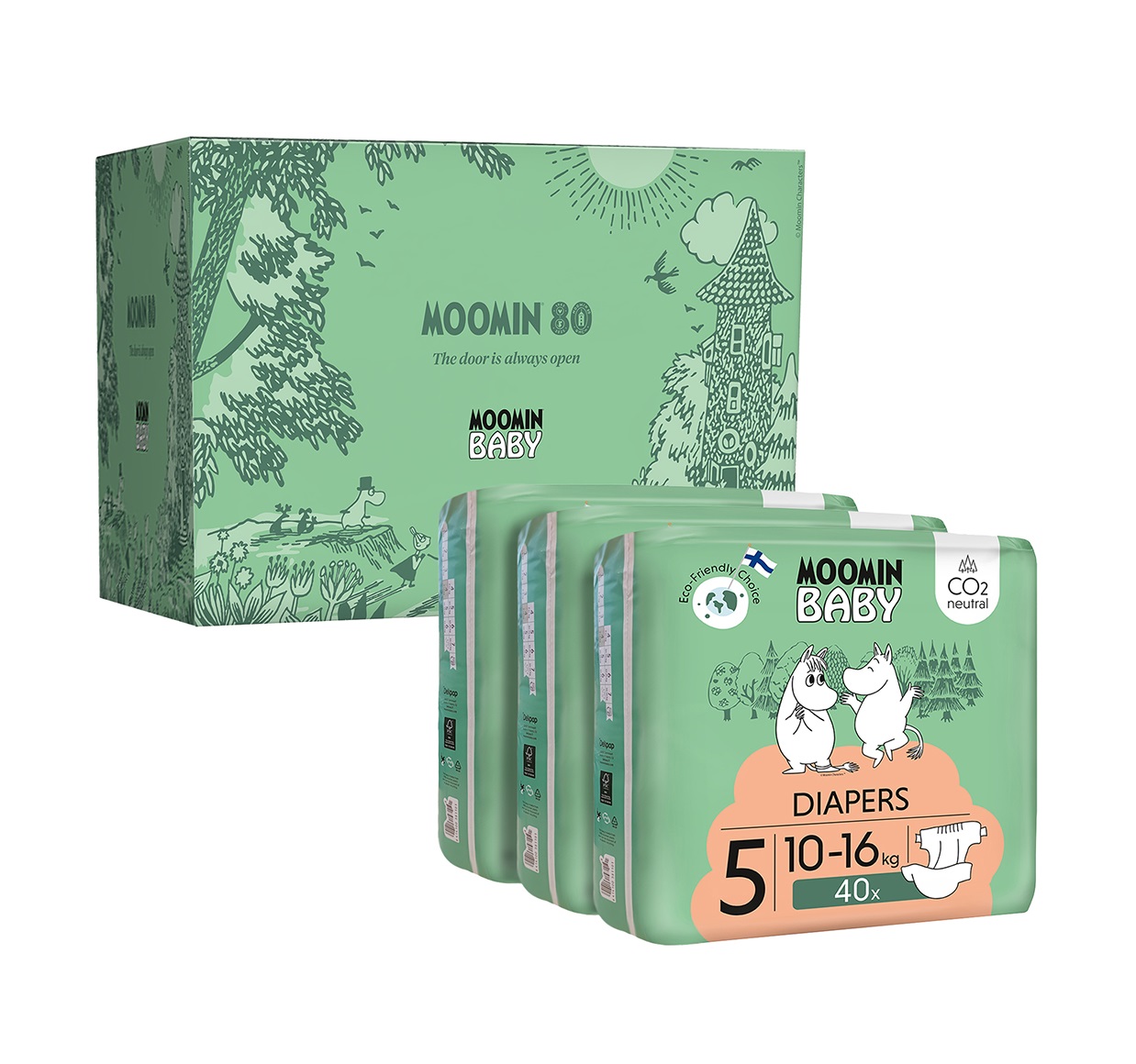 Moomin Baby 5 Maxi 10–16 kg eko pleny v dárkovém boxu 120 ks Moomin Baby