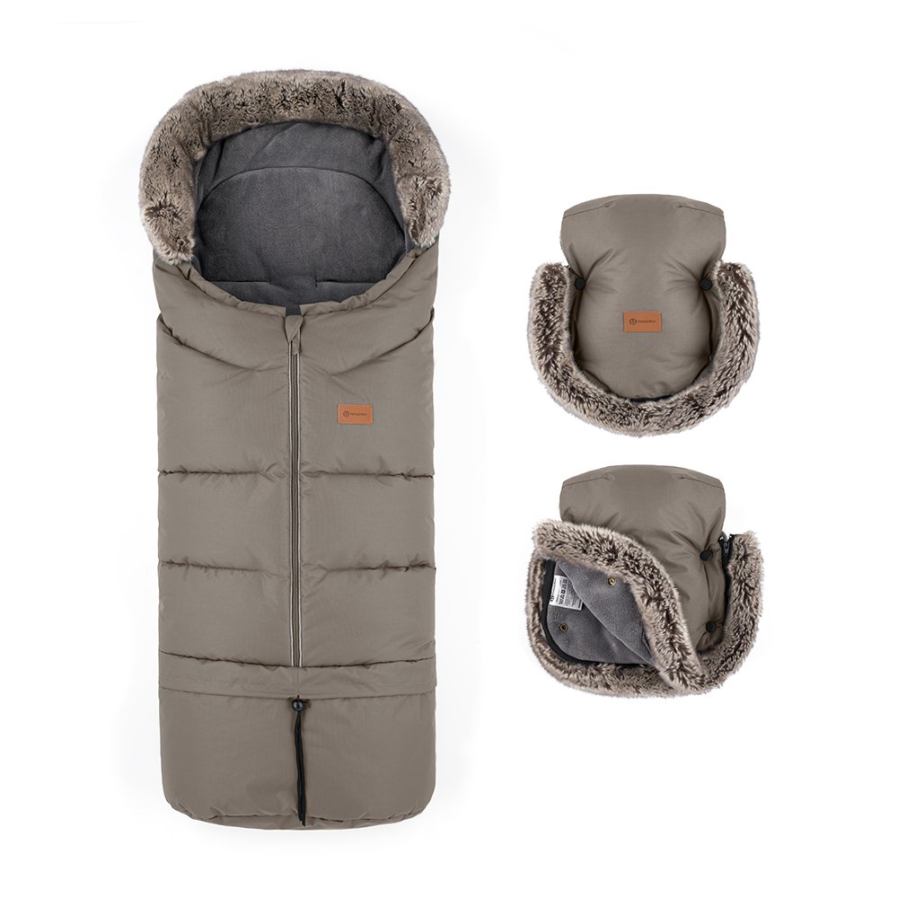 Petite&Mars Set zimní fusak Arctic 4v1 + rukavice na kočárek Furry Mocha Mousse Petite&Mars