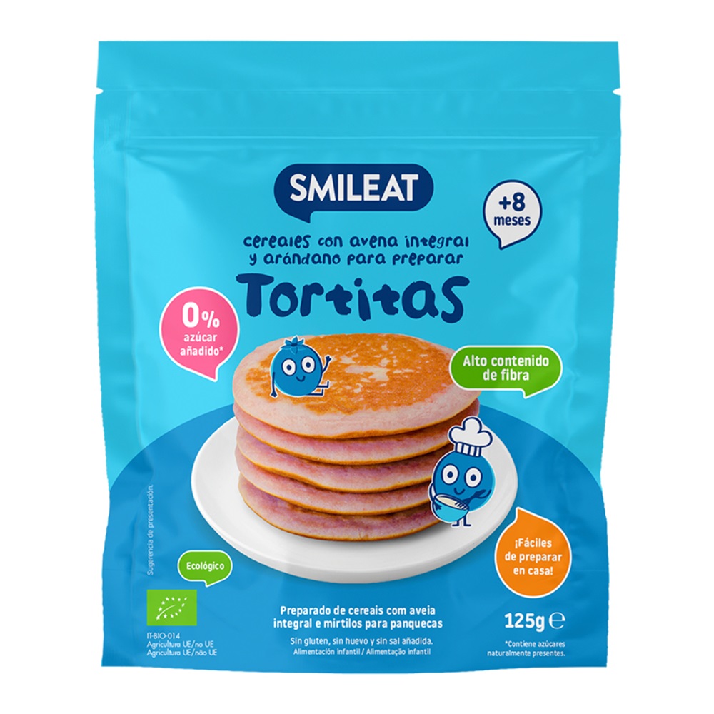 Smileat BIO bezlepková celozrnná směs na lívance 8m+ s borůvkami a vitaminem B1 125 g Smileat