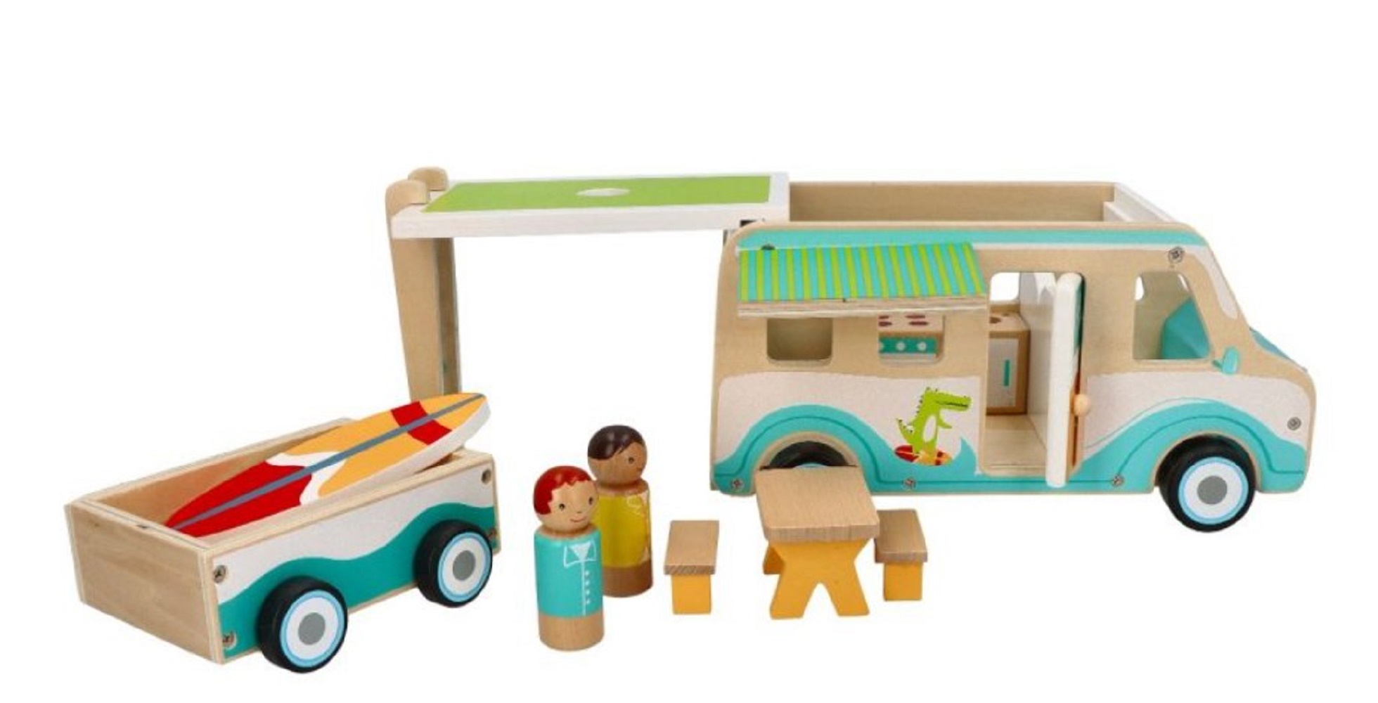 Adam Toys Dřevěnný autokaravan s přívěsem a příslušenstvím